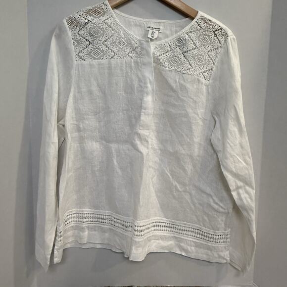 Artisan‎ NY 100% Linen Blouse Ivory Crochet Accents L Summer - Picture 1 of 6